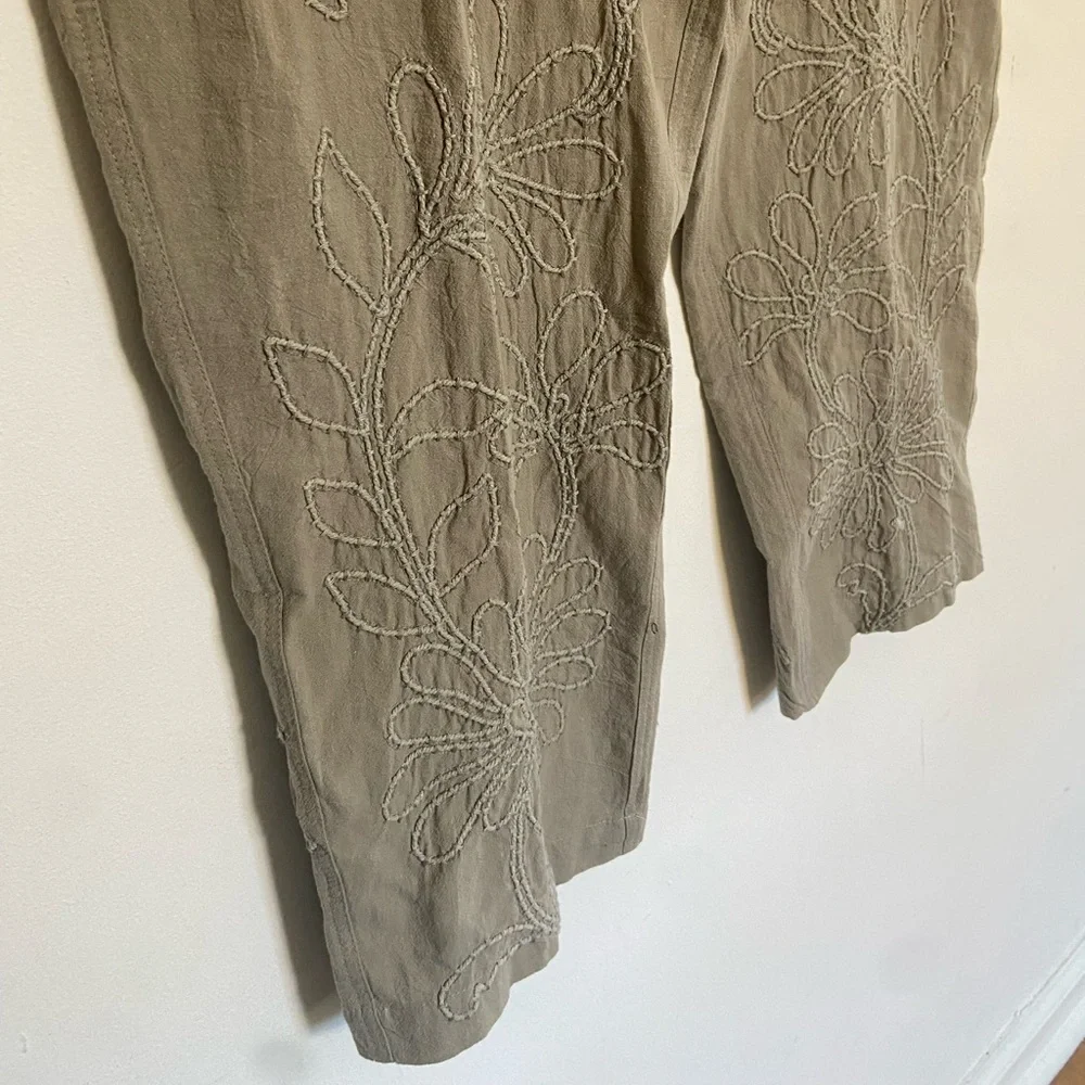 Embroidered Light Gray Linen-Blend Wide Leg Pants